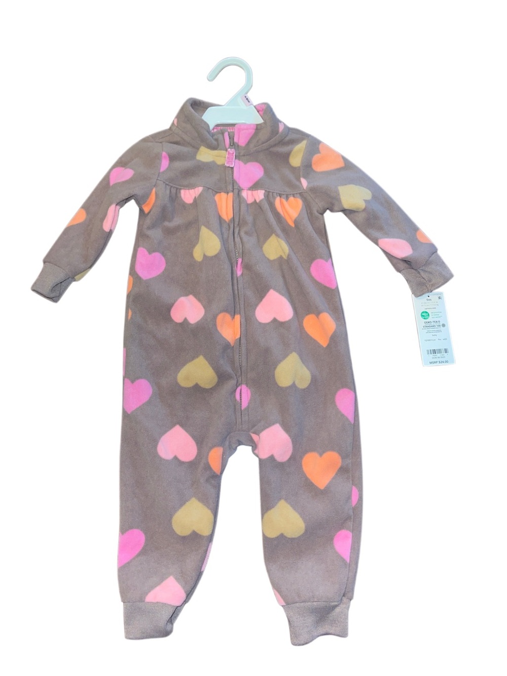 Carter's Brown Fleece One-Piece Bodysuit with Pink Orange Yellow Hearts